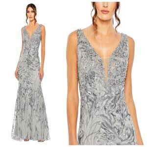 Mac Duggal 20484 Gray Purple Beaded Embroidered V Neck Gown Size 6